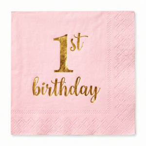 Metallic Pink and Gold 1st Birthday Beverage Napkins - 5 In. X 5 In.