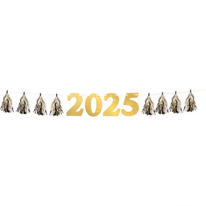 "2025" New Year's Tassel Garland Banner in Gold, Black, and Silver - 8 ft