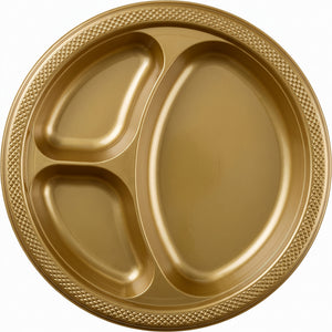 Gold Divided Plastic Dinner Plates, 10.25", 20-Pack
