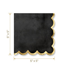 Black Scalloped Edge Beverage Napkin with Gold Hot Stamp - 5 In. X 5 In.