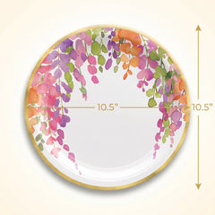 Romantic Floral 10.5" Round Paper Plates with Gold Trim - 8 Pack