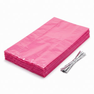 Bright Pink Small Party Treat Bags with Twist Ties, 25-Pack