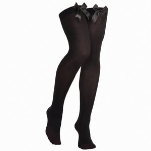 Black Satin Bow Thigh Highs - One Size