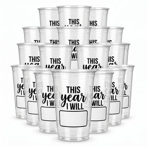 "This Year I Will" Clear Plastic Tumblers, 16 oz, 20 Pack for New Year's Eve