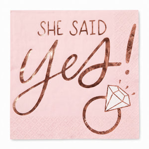 Blush "She Said Yes" Beverage Napkins - Rose Gold, 16-Pack - 5 In. X 5 In.