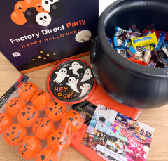 33 Pcs Halloween Trick-or-Treat Kit | Cauldron, 2 lb Candy, Toys, Glow Sticks & Tableware
