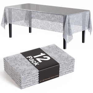 Premium Silver Floral Plastic Table Covers | 12 Count - 54 In. x 108 In.