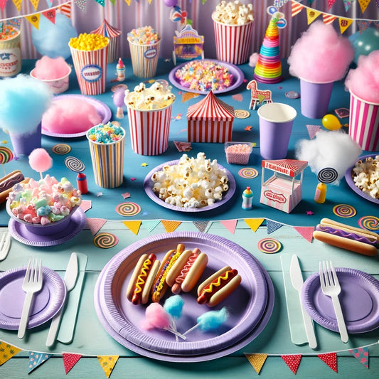 Carnival-themed table setting with disposable lavender plates surrounded by miniature carnival food items and bright, themed decorations, creating an immersive and joyful dining experience.