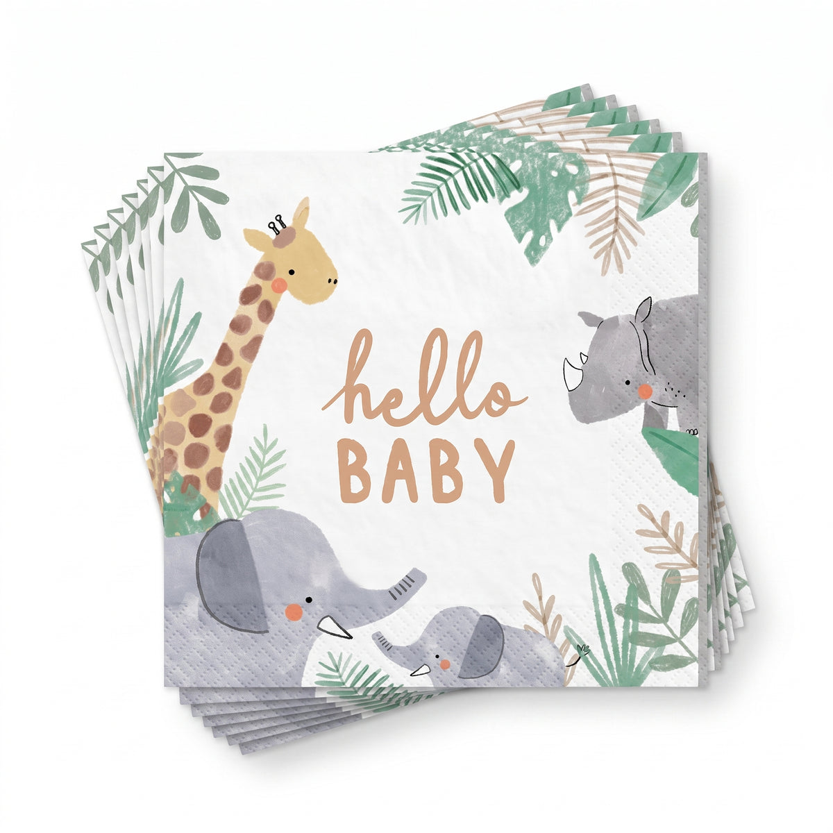 Jungle Baby Shower Lunch Napkins - 6.5 In. x 6.5 In. - "Hello Baby" Design, 16-Pack