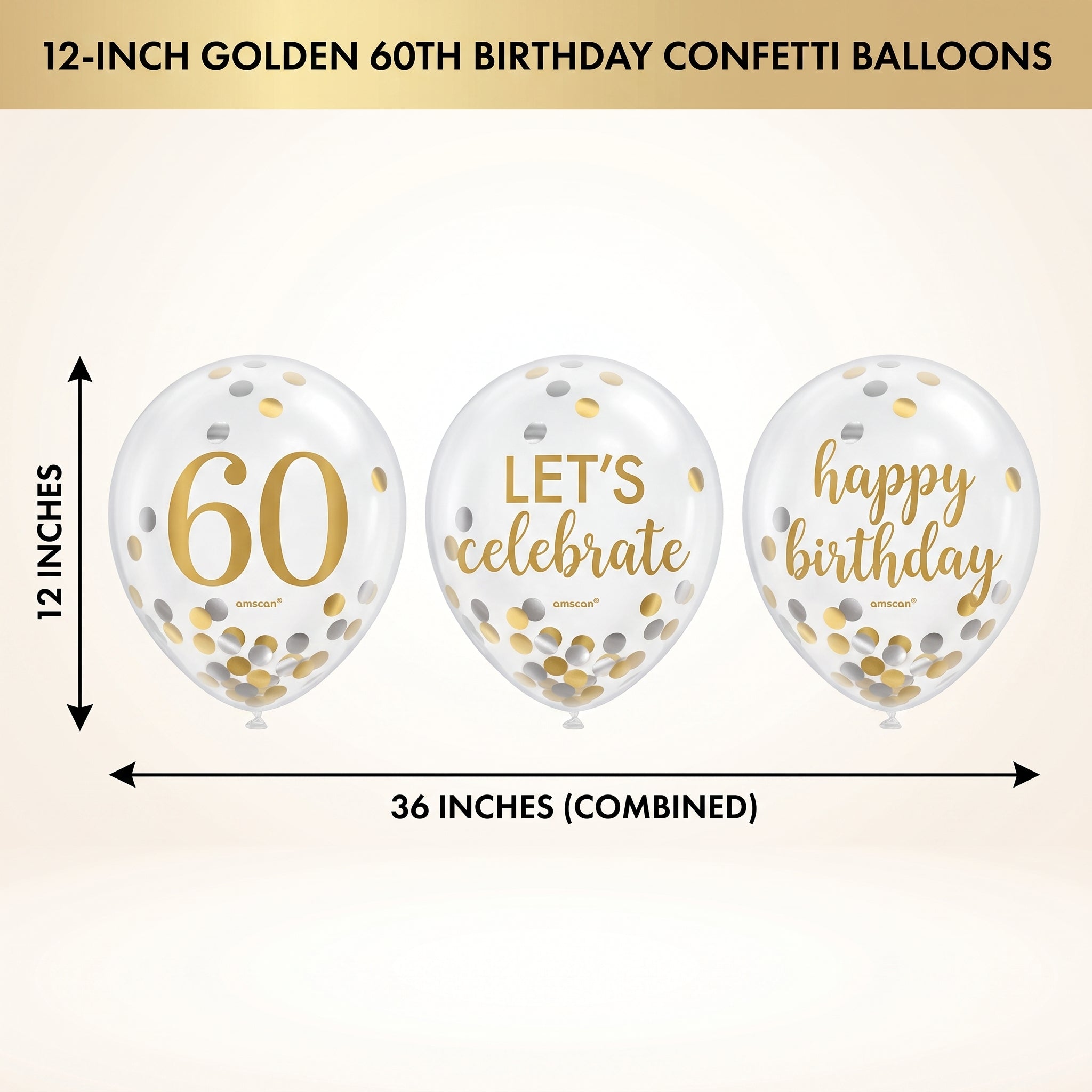 Golden 60th Birthday Confetti Latex Balloons, 12-Inch, 6-Pack
