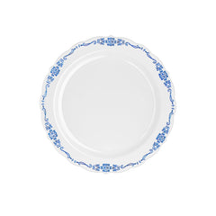 10 In. White/Navy Victorian Design Plastic Plates | 120 Count