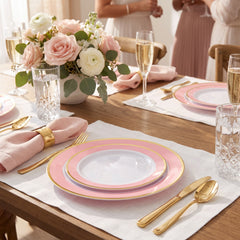 Elegant Pink & Gold Bordered Plastic Plate Set - 20 Pack