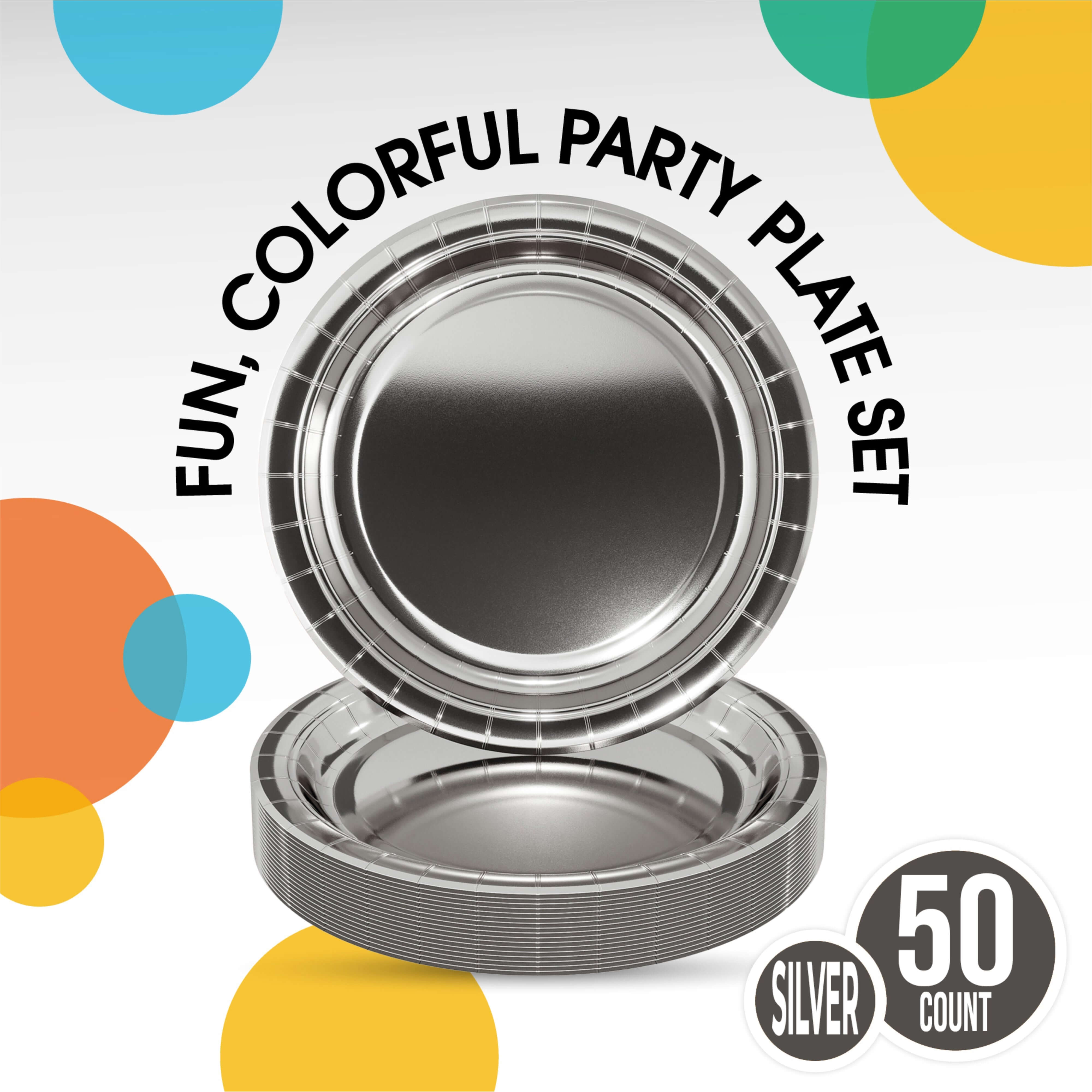 9 In. Reflective Silver Paper Plates - 50 Ct.