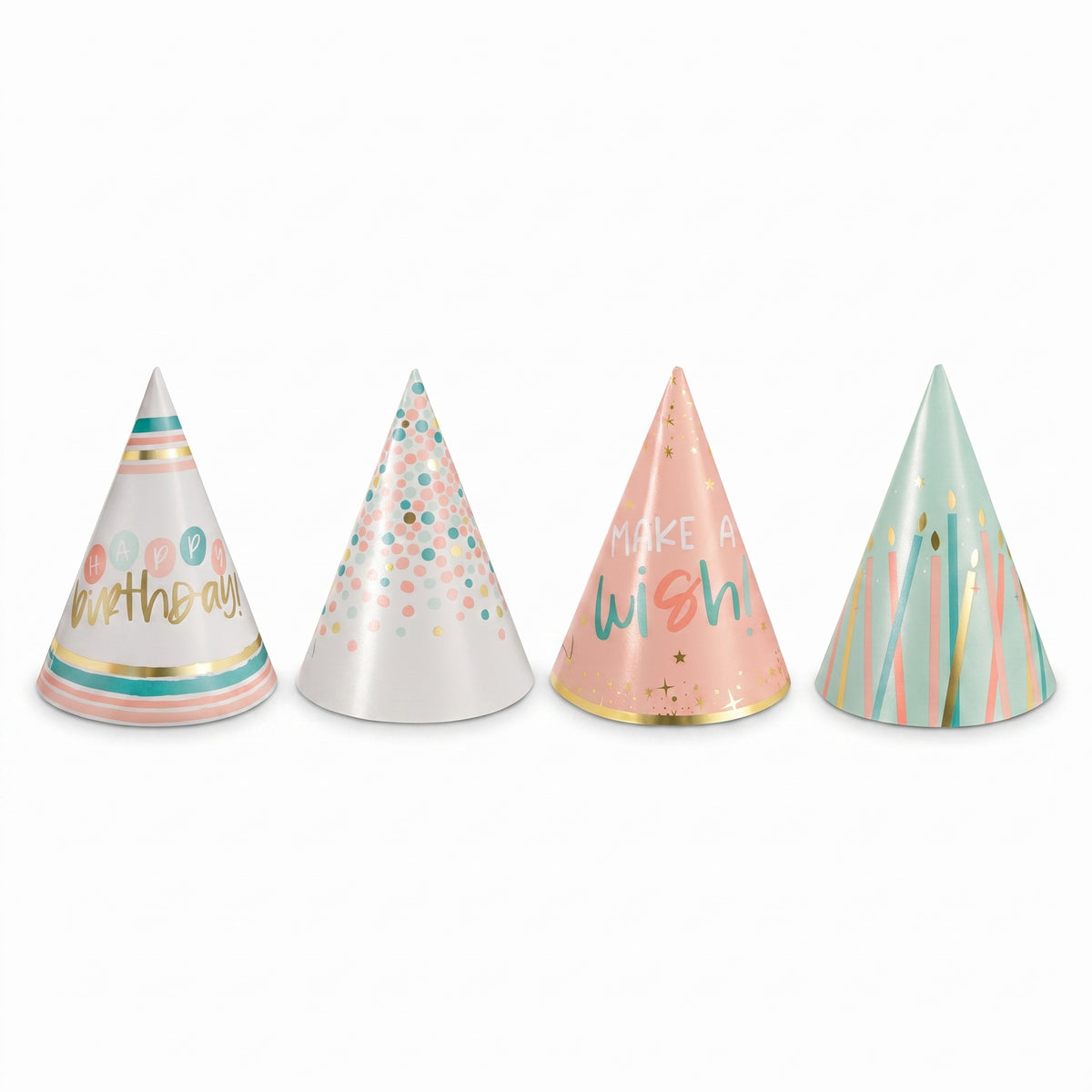 "Happy Cake Day" Mini Cone Birthday Party Hats - Metallic Pastel, 12-Pack