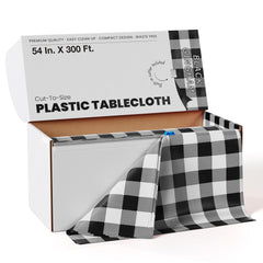54 In. x 300 Ft. Cut to Size Plastic Table Cover  | Black Gingham | Case of 4