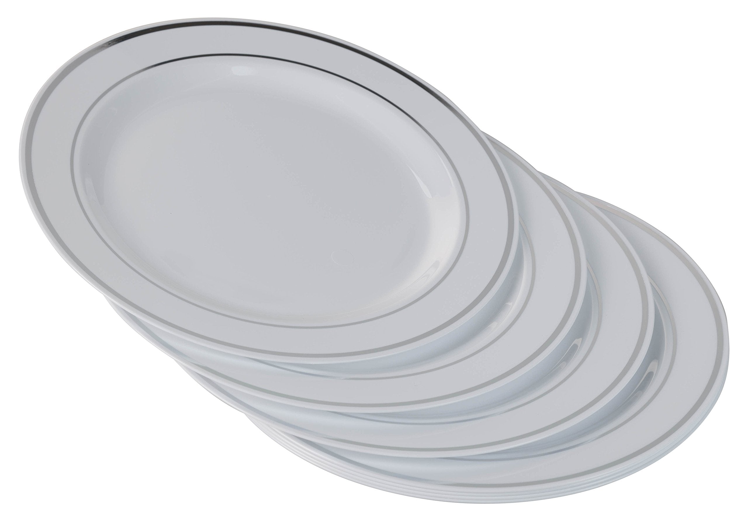 10.25 In. White/Silver Line Design Plastic Plates | 120 Count