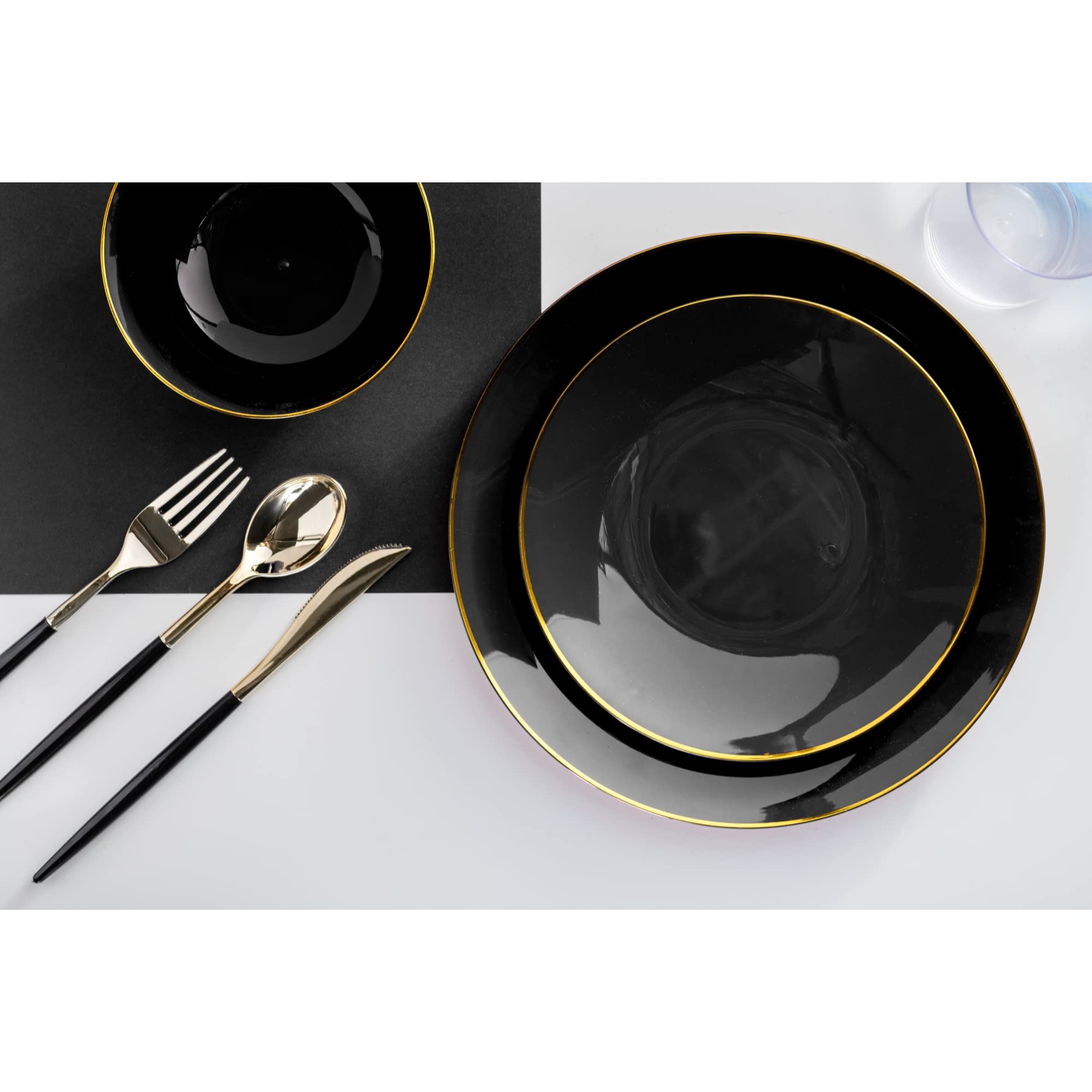 10 In. Black & Gold Rim Design Plastic Plates | 120 Count
