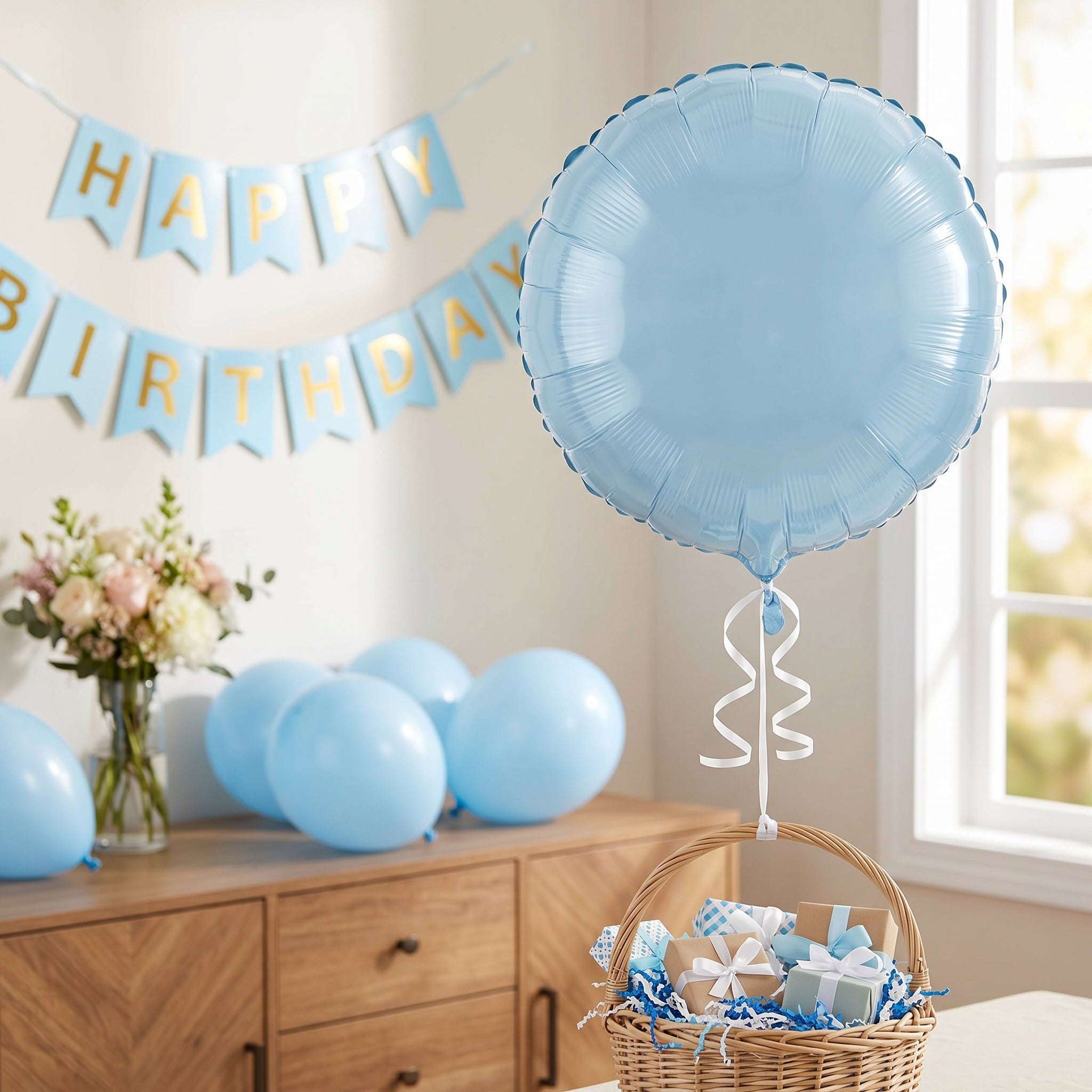 Pastel Blue Foil Balloon 18 Inch Round - Self-Sealing Light Blue Mylar Balloon with Ribbon for Baby Shower, Gender Reveal, Birthday Party Decorations