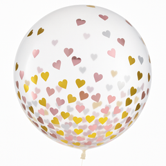Large Heart Confetti Latex Balloons, Metallic Pink/Gold, 24-Inch, 2-Pack