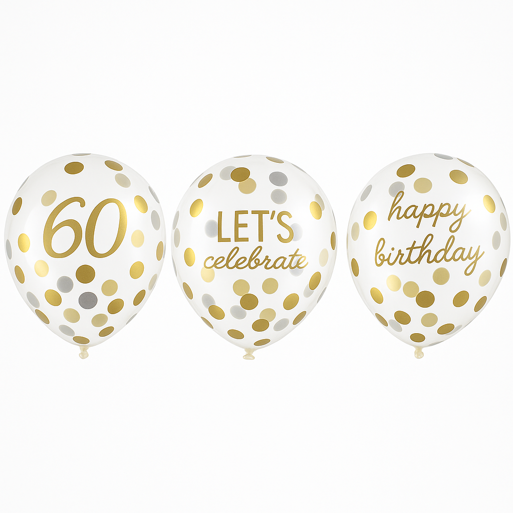 Golden 60th Birthday Confetti Latex Balloons, 12-Inch, 6-Pack