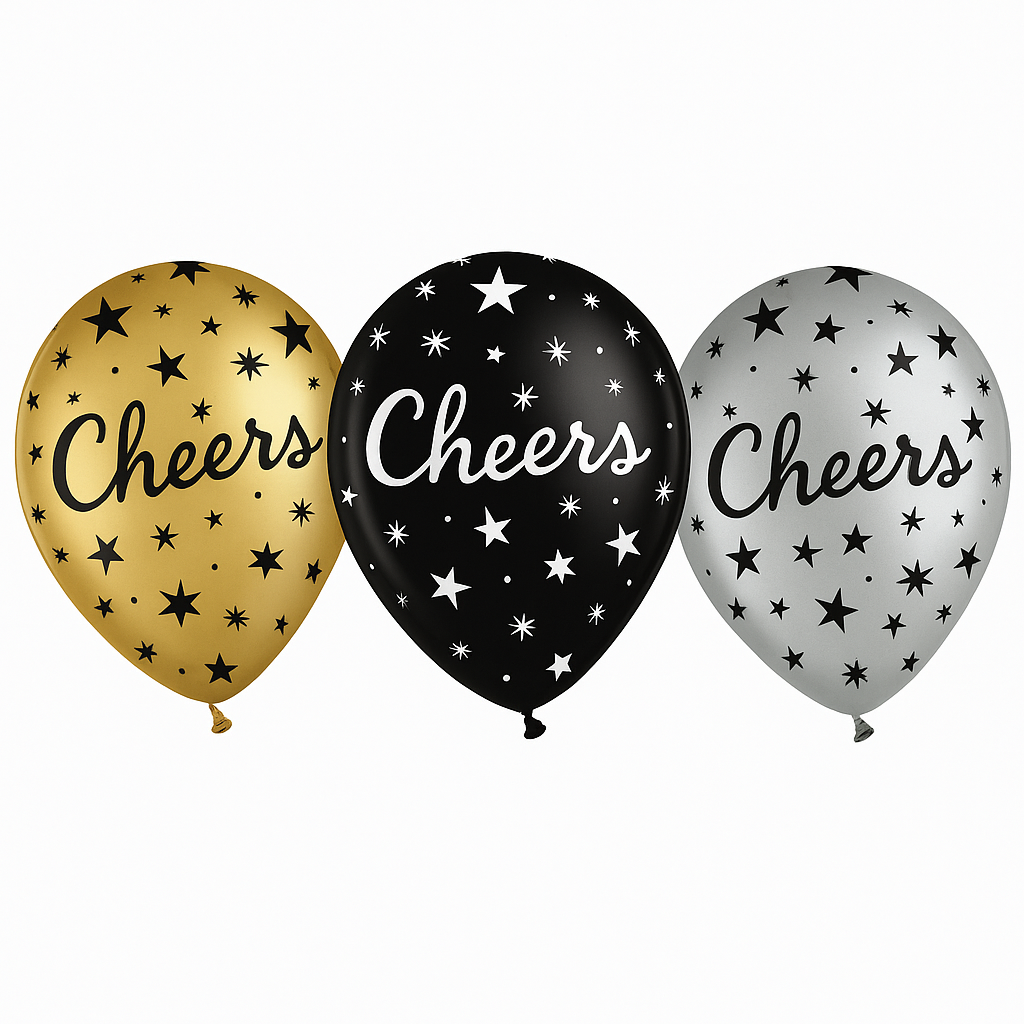 Cheers Star-Print Latex Balloons, Black/Gold/Silver, 11-Inch, 15-Pack