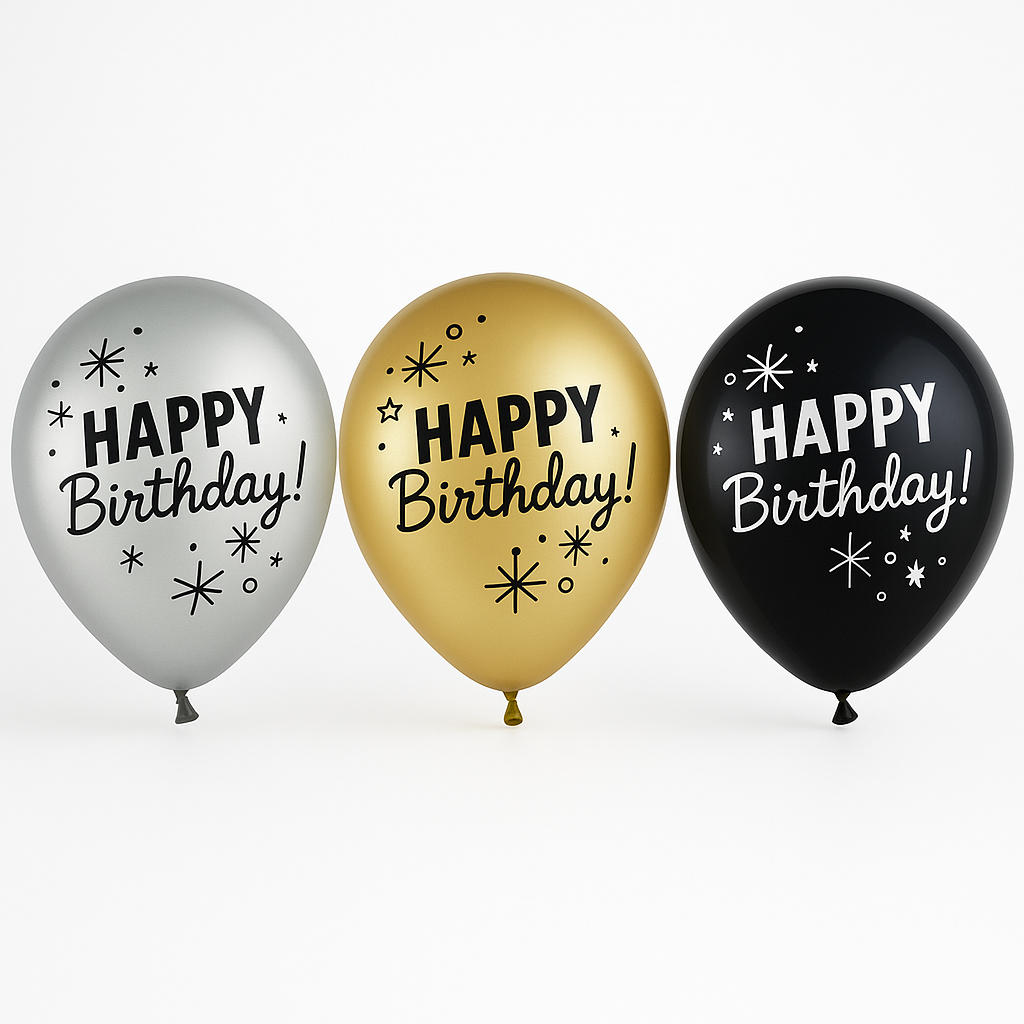 Confetti Birthday Latex Balloons - Black, Gold, Silver, 11-Inch, 15-Pack