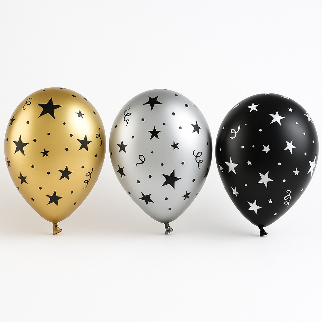 Metallic Star & Confetti Printed Latex Balloons, 11-Inch, 15-Pack