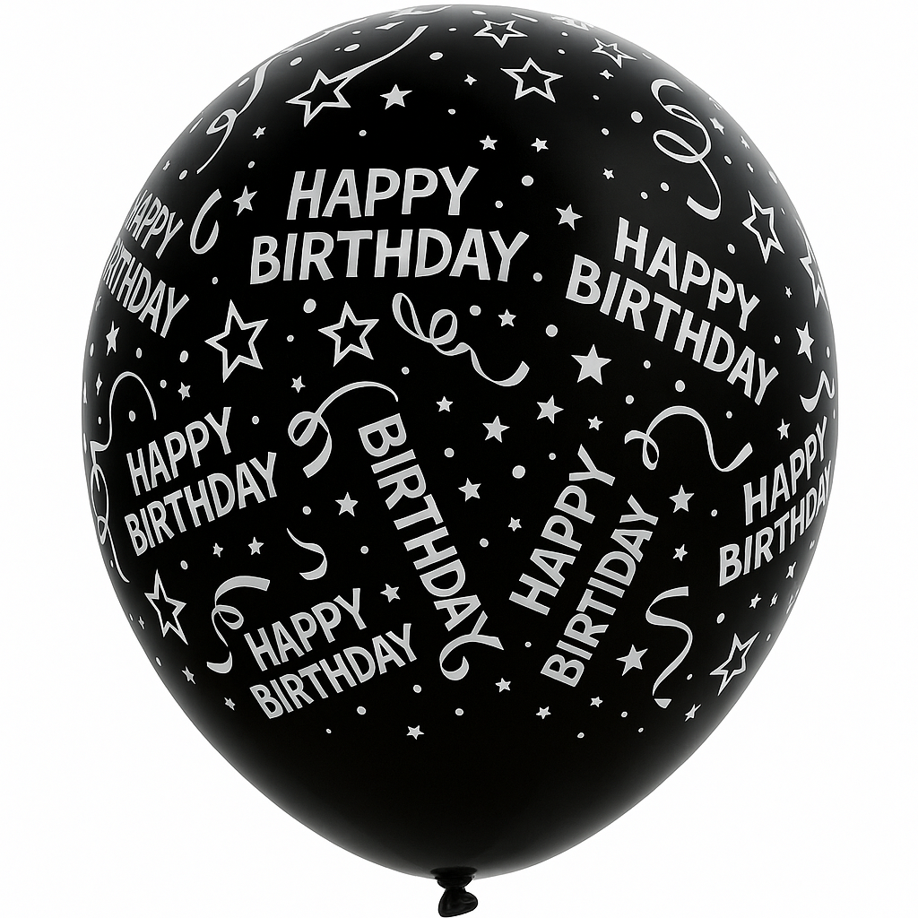 Black "Happy Birthday" Confetti Latex Balloons - 12", 6-Pack