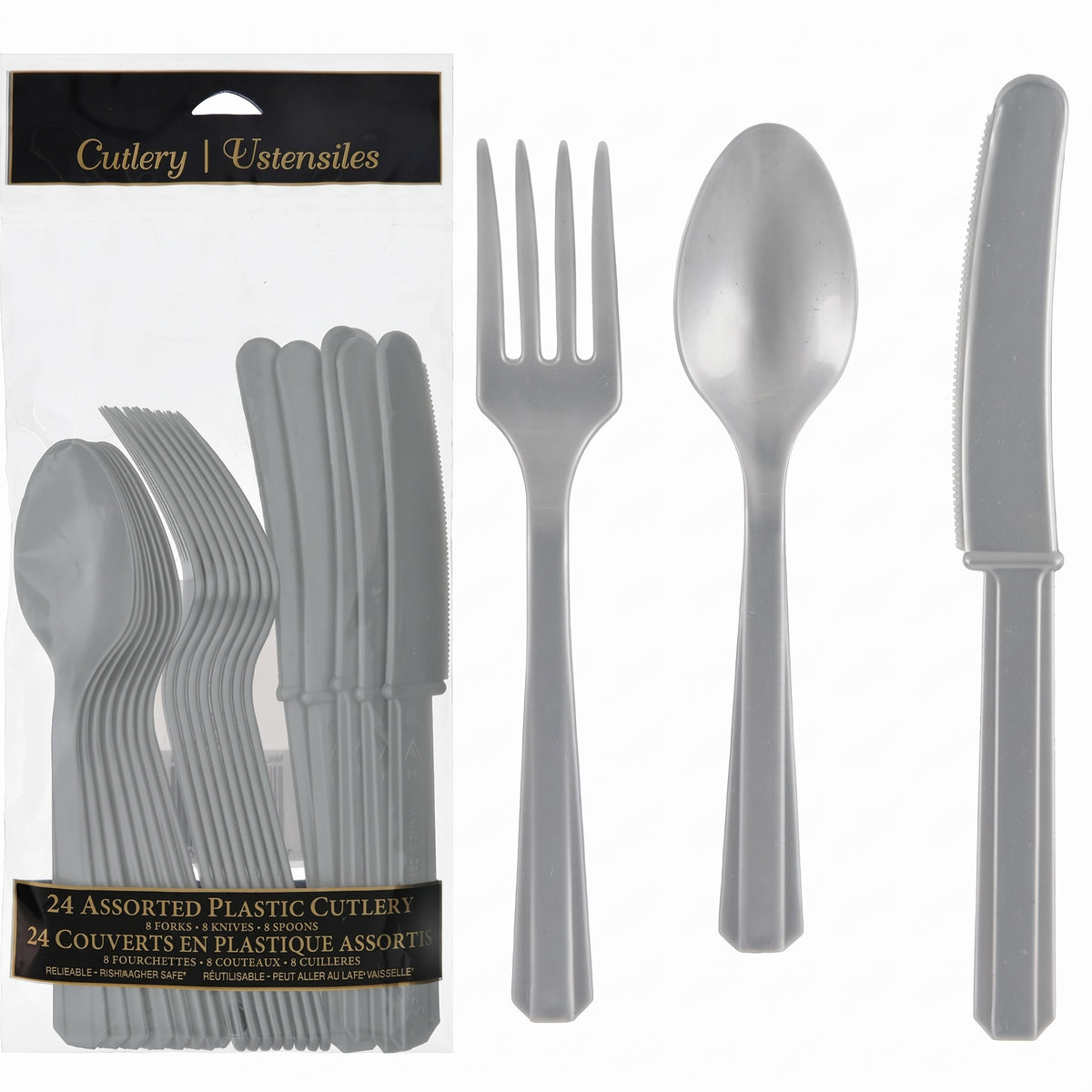 Silver Assorted Plastic Cutlery Set - 7.5 in. - 24 Pack