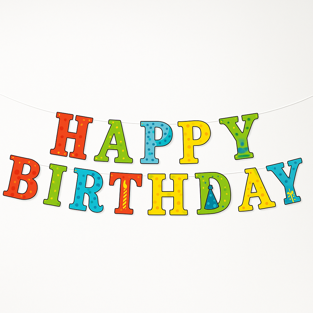 Colorful Happy Birthday Banner with Polka Dots and Party Horns