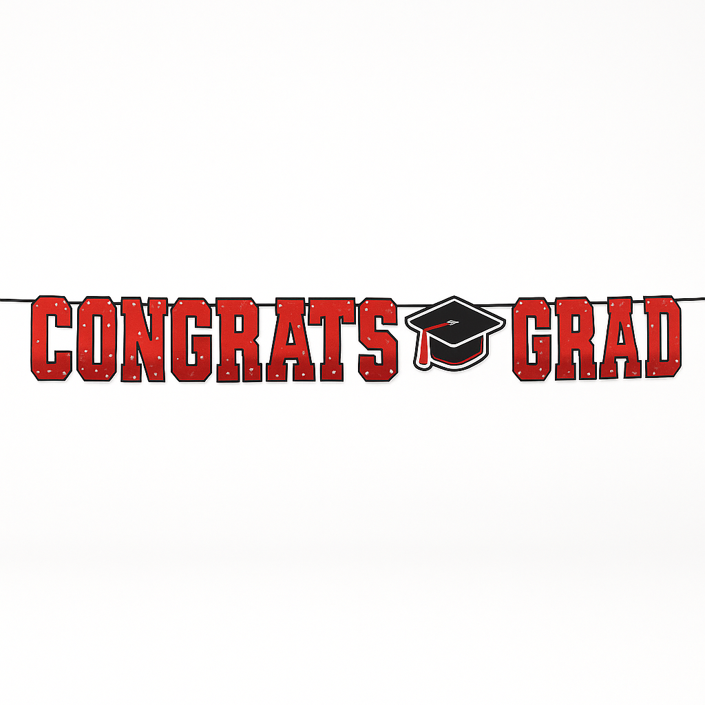 "Congrats Grad" Red Letter Banner with Graduation Cap, 12-ft