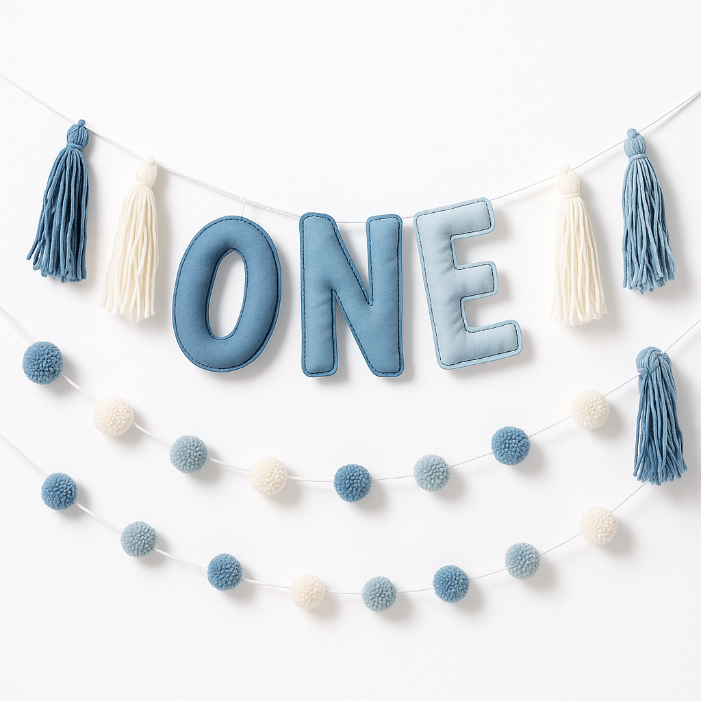Blue Felt Plush "ONE" Banner with Tassels and Pom-Poms for Baby's 1st Birthday