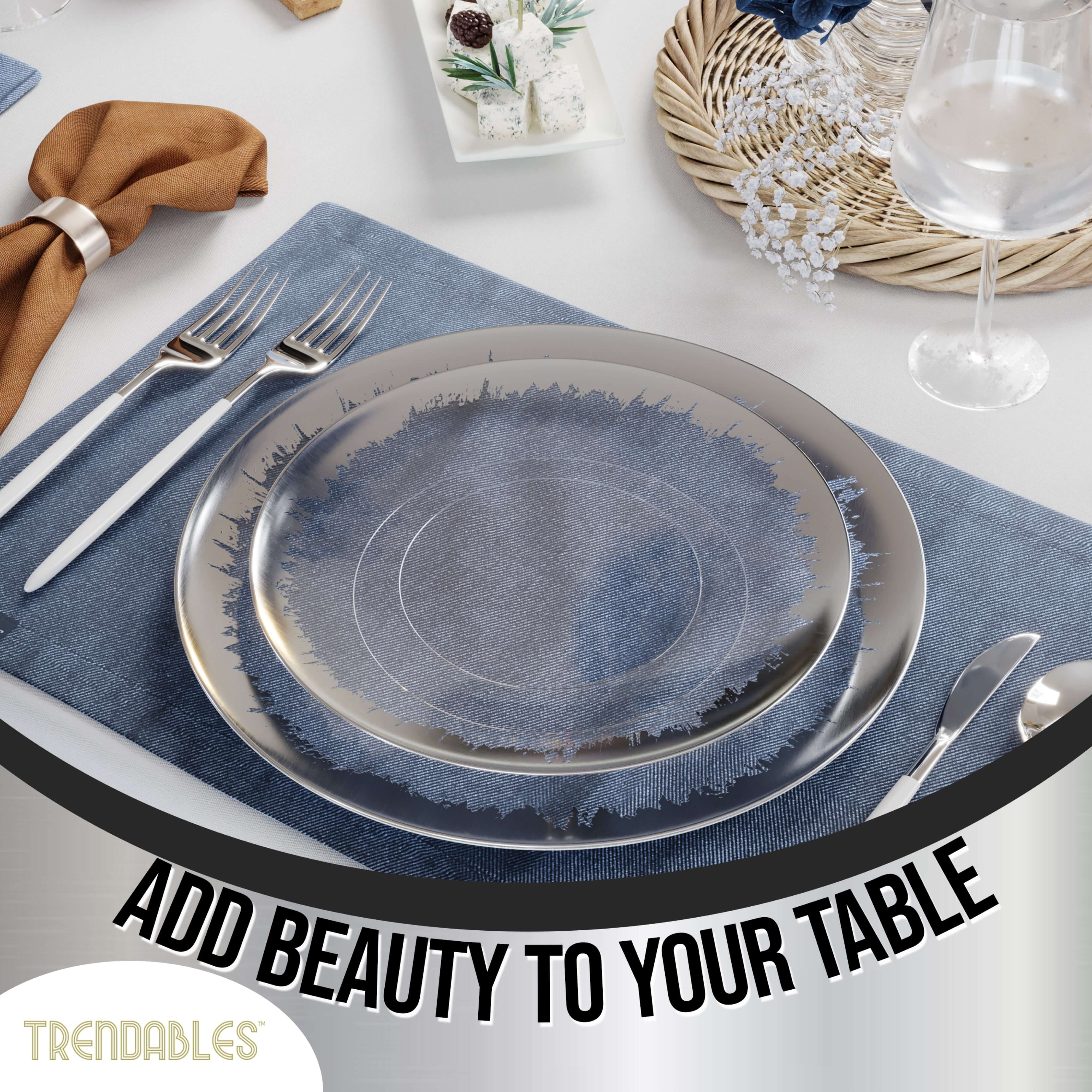 Trendables 60 Pack Combo Plastic Plates Set - 30-10.25 inch. Plastic Dinner Plates & 30-8 inch. Dessert Disposable Plates - Clear Plastic Plates For Parties With A Silver Scratched Design Rim