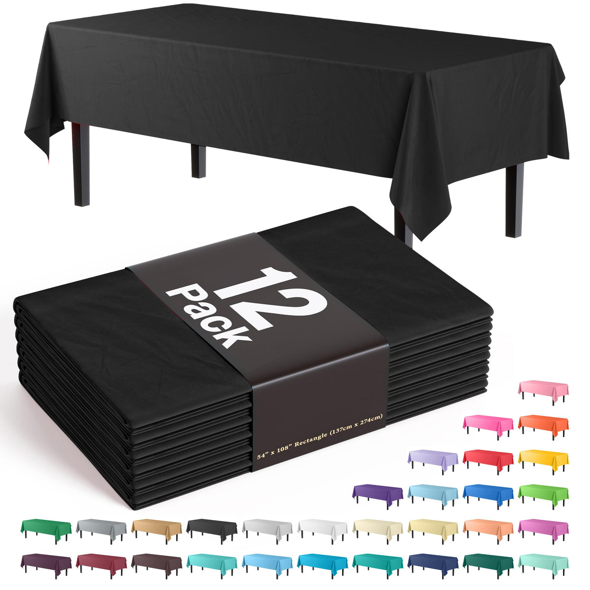 Premium Black Plastic Table Covers | 12 Count - 54 In. x 108 In.