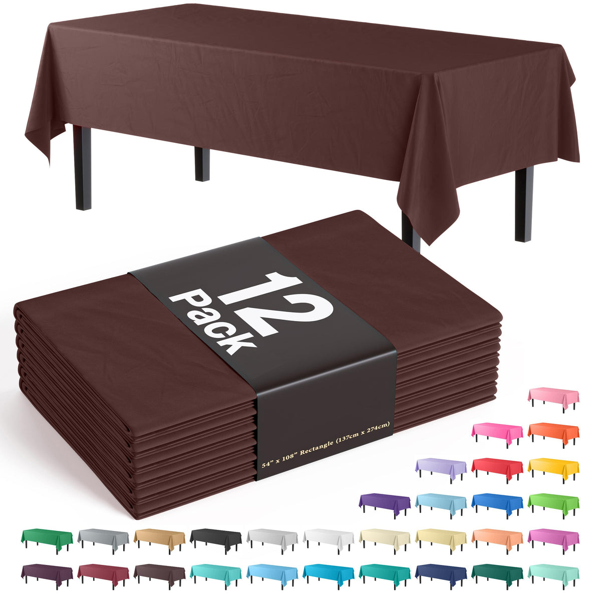 Premium Brown Plastic Table Covers | 12 Pack - 54 In. x 108 In.