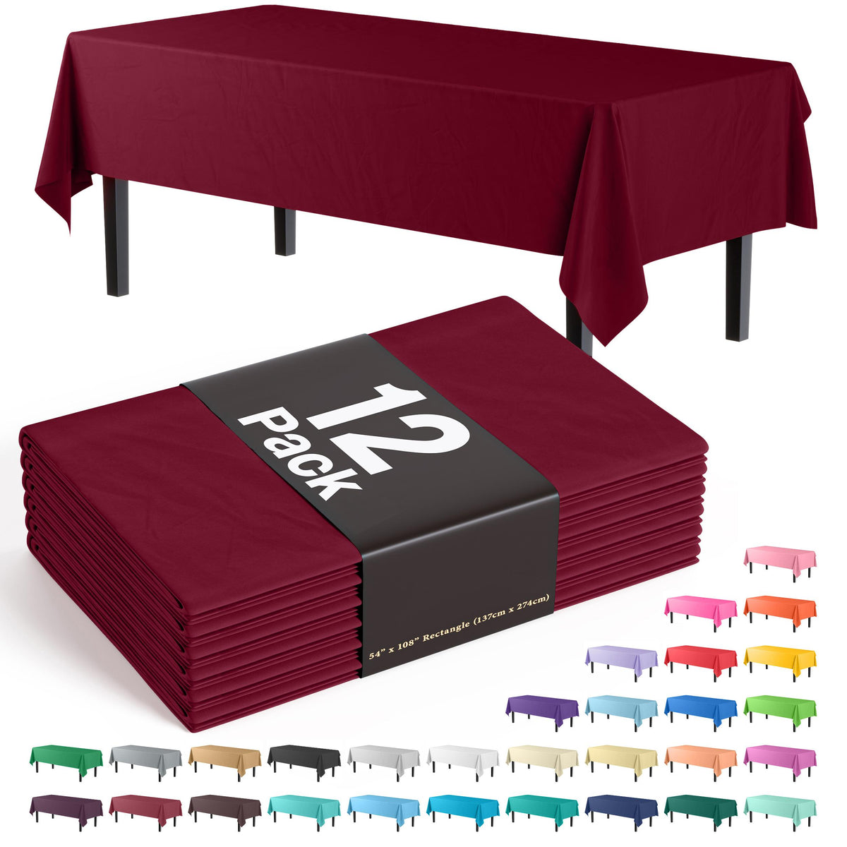 Premium Burgundy Plastic Table Covers | 12 Count - 54 In. x 108 In.