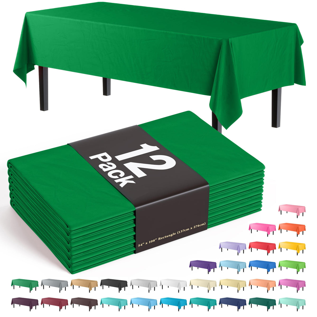 Premium Emerald Green Plastic Table Covers | 12 Pack - 54 In. x 108 In.
