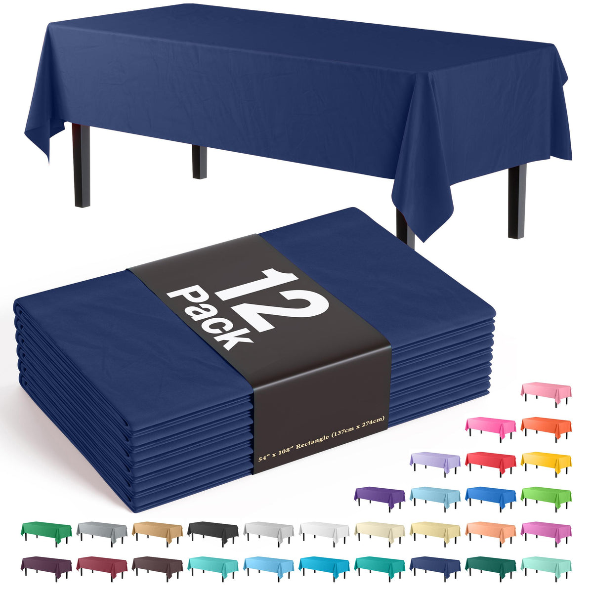 Navy Blue Plastic Table Covers | 12 Pack - 54 In. x 108 In.