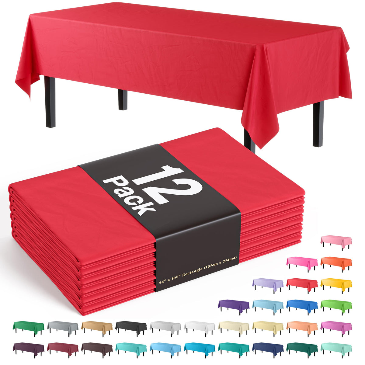 Red Plastic Table Covers | 12 Pack - 54 In. x 108 In.