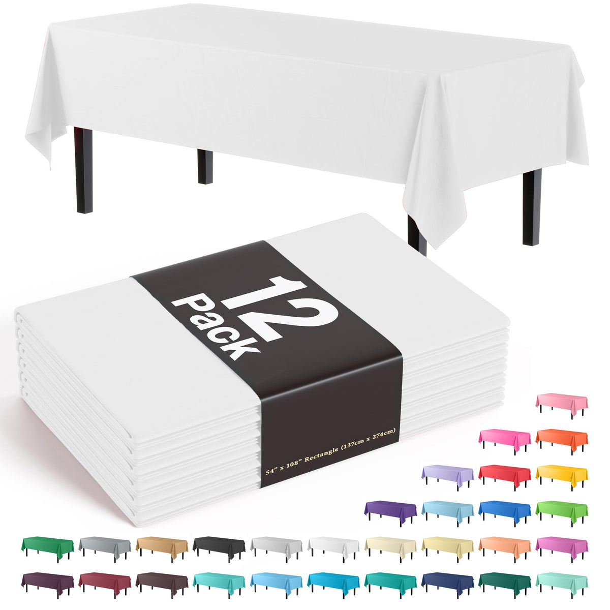 Premium White Plastic Table Covers | 12 Pack - 54 In. x 108 In.