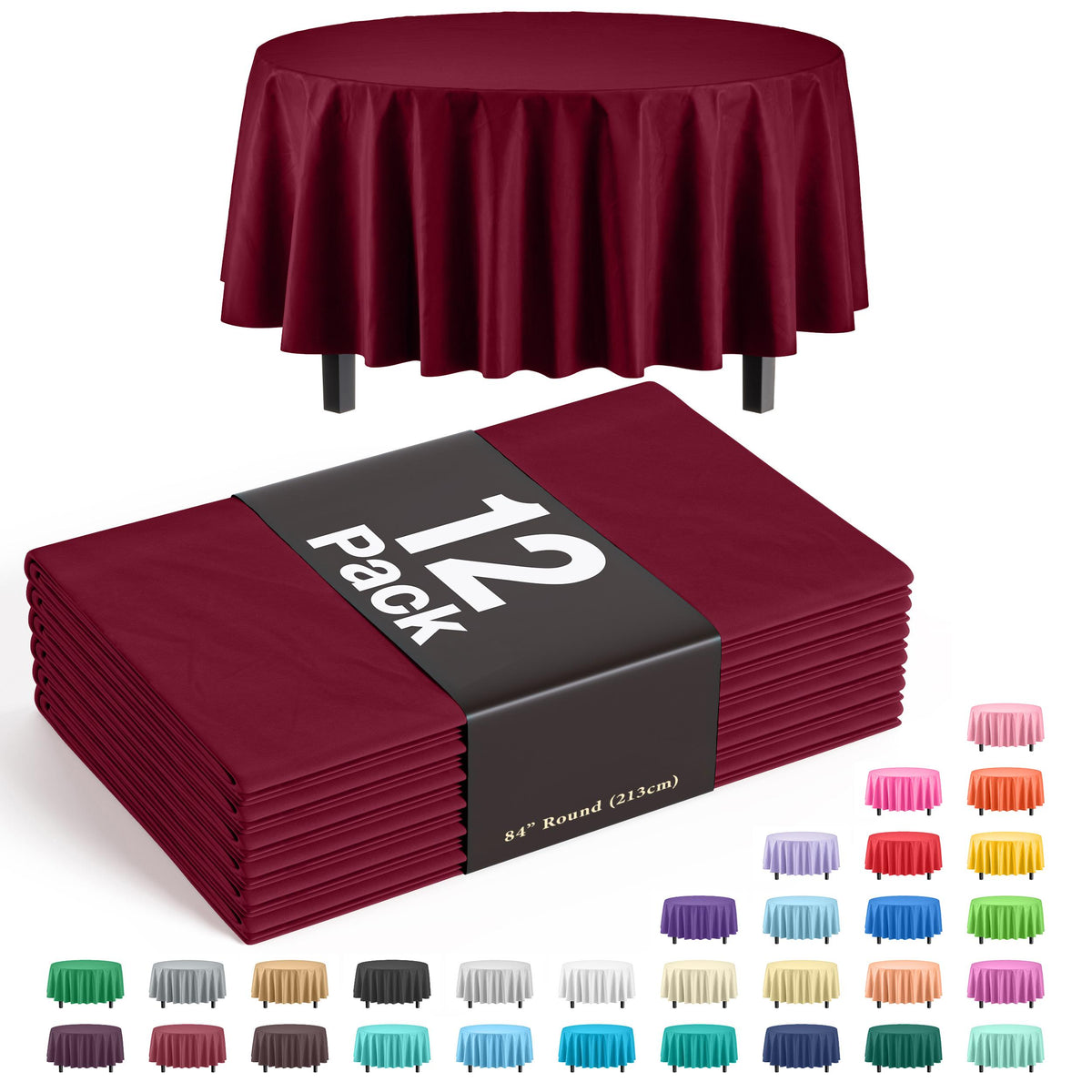 Premium Round Burgundy Plastic Table Covers | 12 Pack