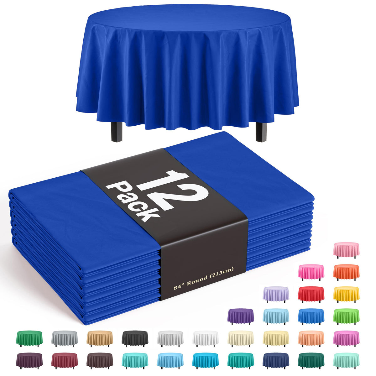 Dark Blue Round Plastic Table Covers | 12 Pack