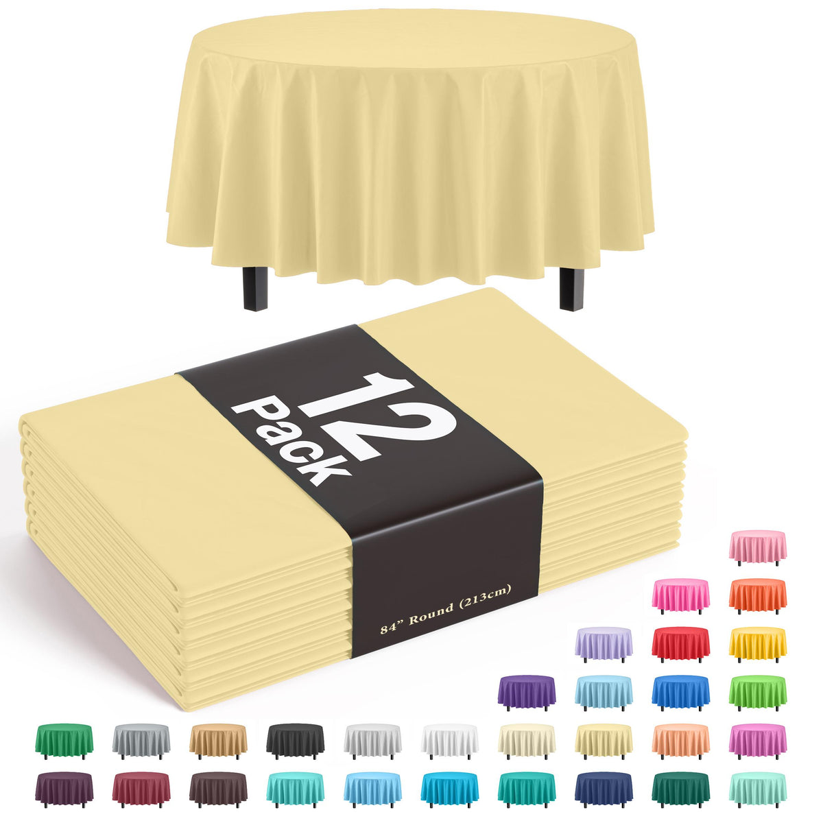 Round Light Yellow Plastic Table Covers | 12 Pack