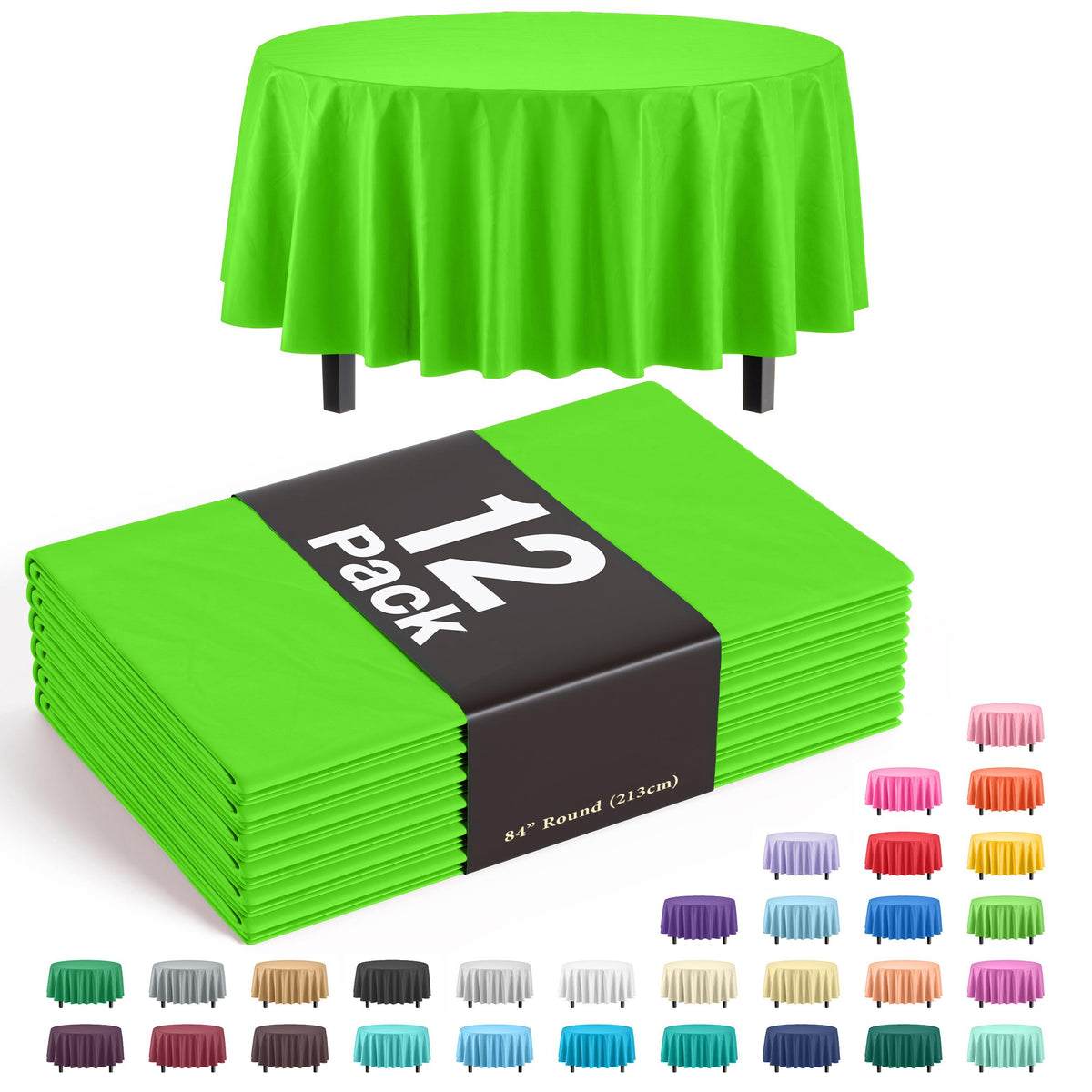 Premium Round Lime Green Plastic Table Covers | 12 Pack - 84 in.