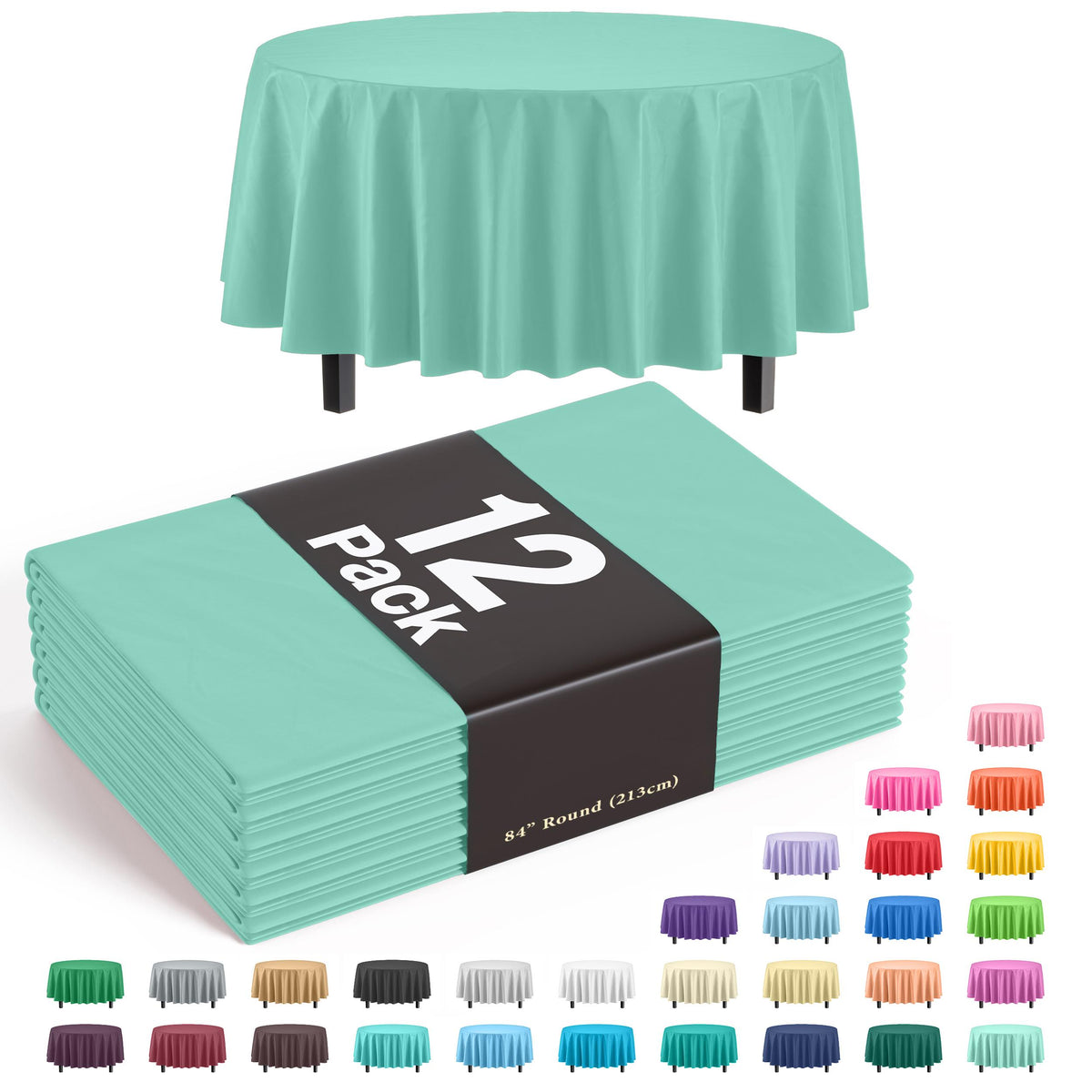 Premium Round Mint Plastic Table Covers | 12 Pack
