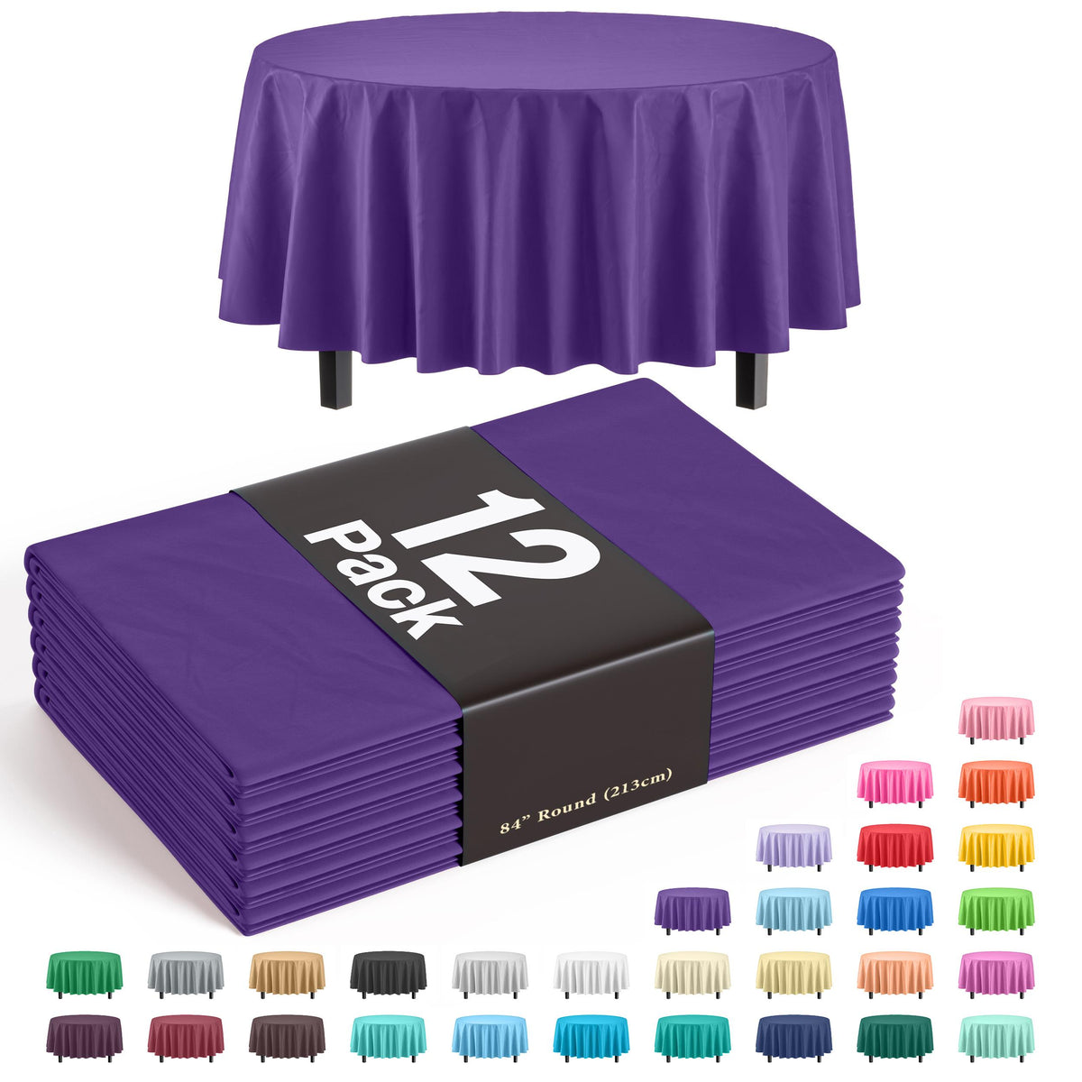 Premium Round Purple Plastic Table Covers | 12 Pack - 84 in.