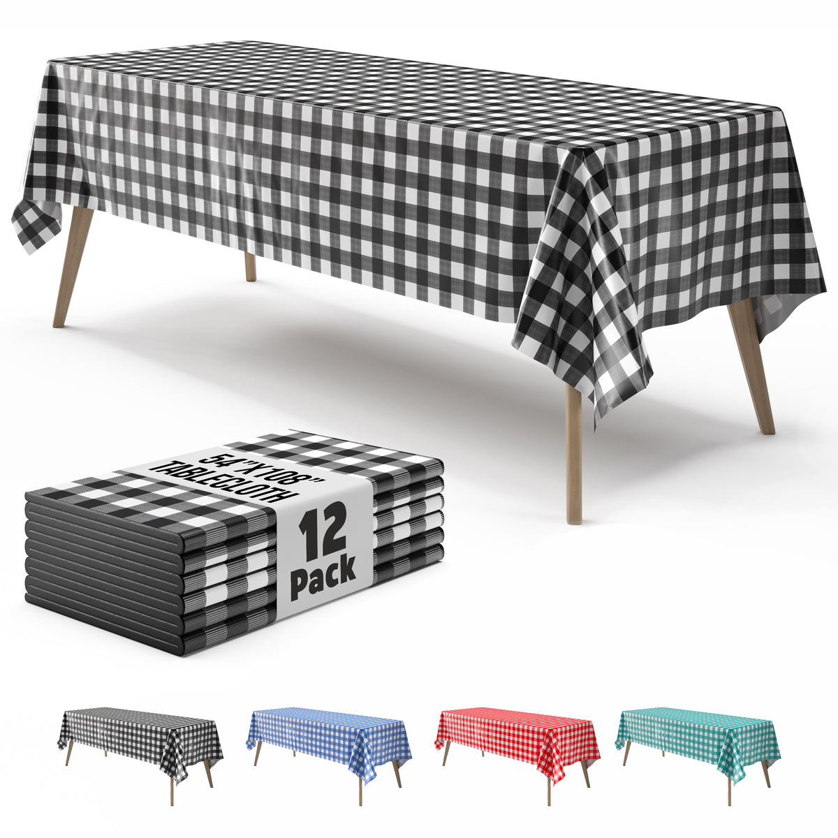 Black Gingham Plastic Table Covers | 12 Pack | 54 in. x 108 in.