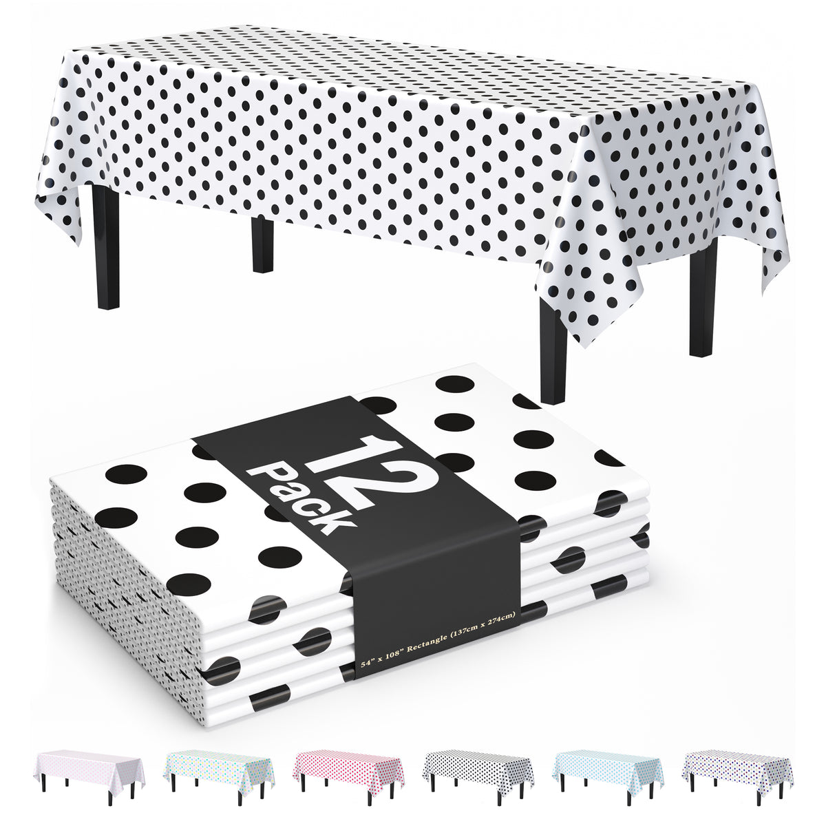 Black Polka Dot Plastic Table Covers | 12 Pack | 54 in. x 108 in.