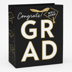 Medium Glossy "Congrats Grad" Gift Bag - Black and Gold