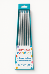 Silver Thin Taper Birthday Candles - 12 Pack